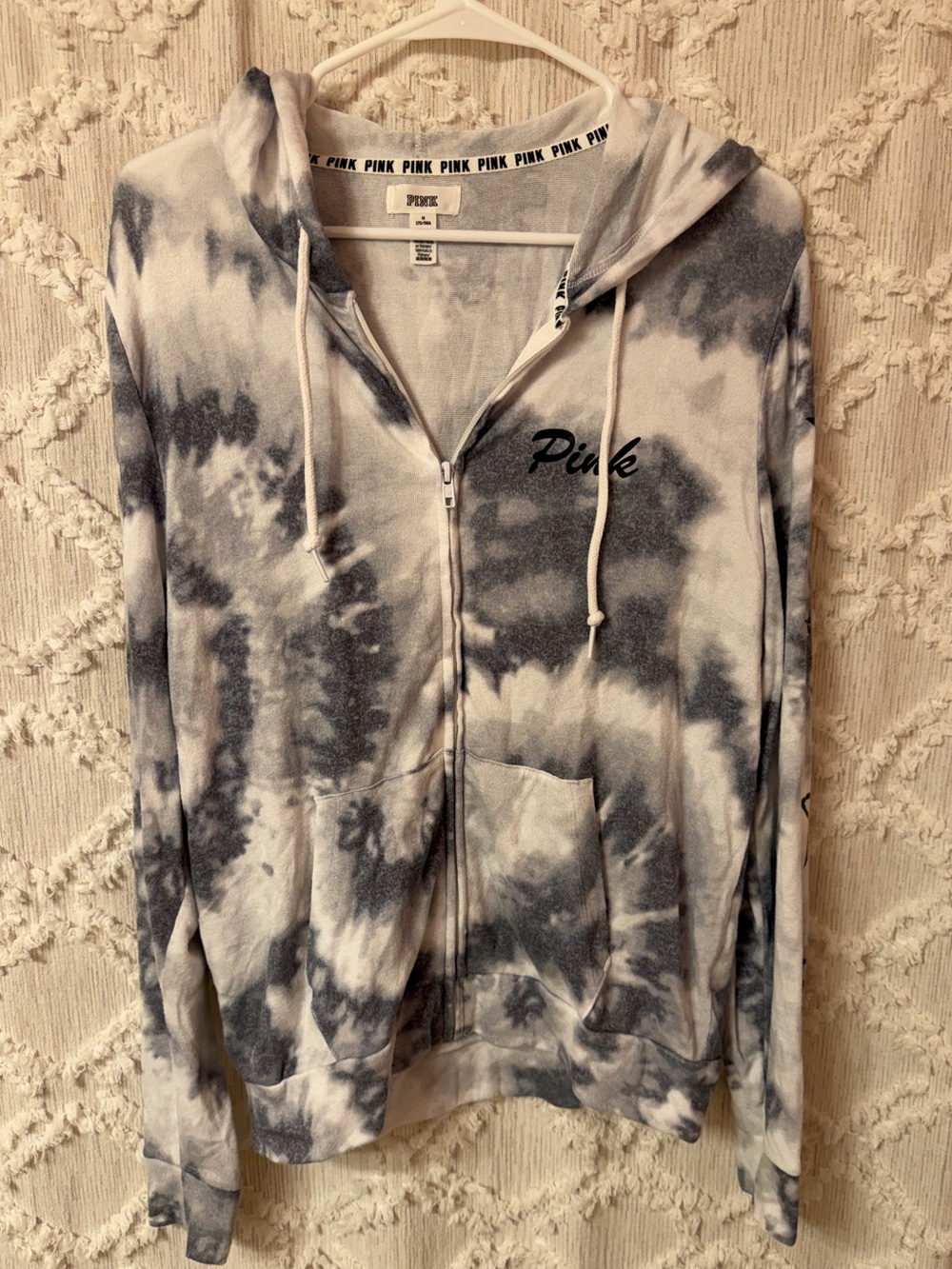 PINK Victoria's Secret Gray & White Tie-Dye Zip Hoodie